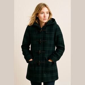 J. Crew Plaid Wool Peacoat Toggle Hooded Coat Green Blue Women's Size Large